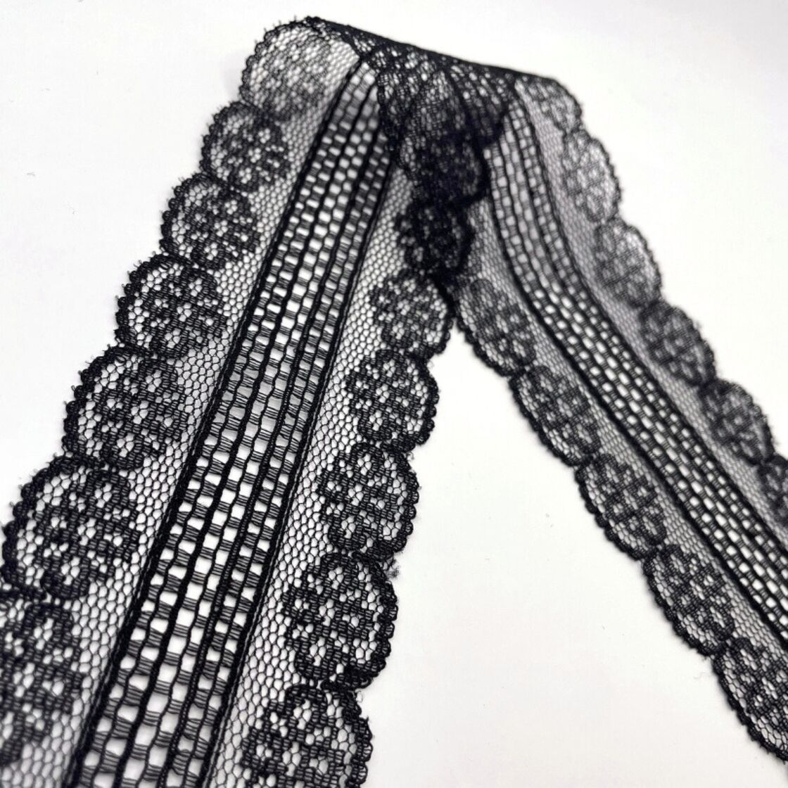 Black 60mm Floral Nylon Lace Trim by the Metre