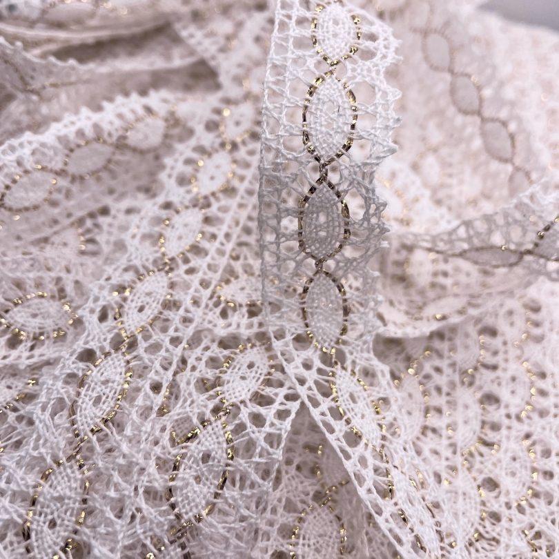 Gold Lurex Metallic Oval Crochet Lace Ribbon Trim - White