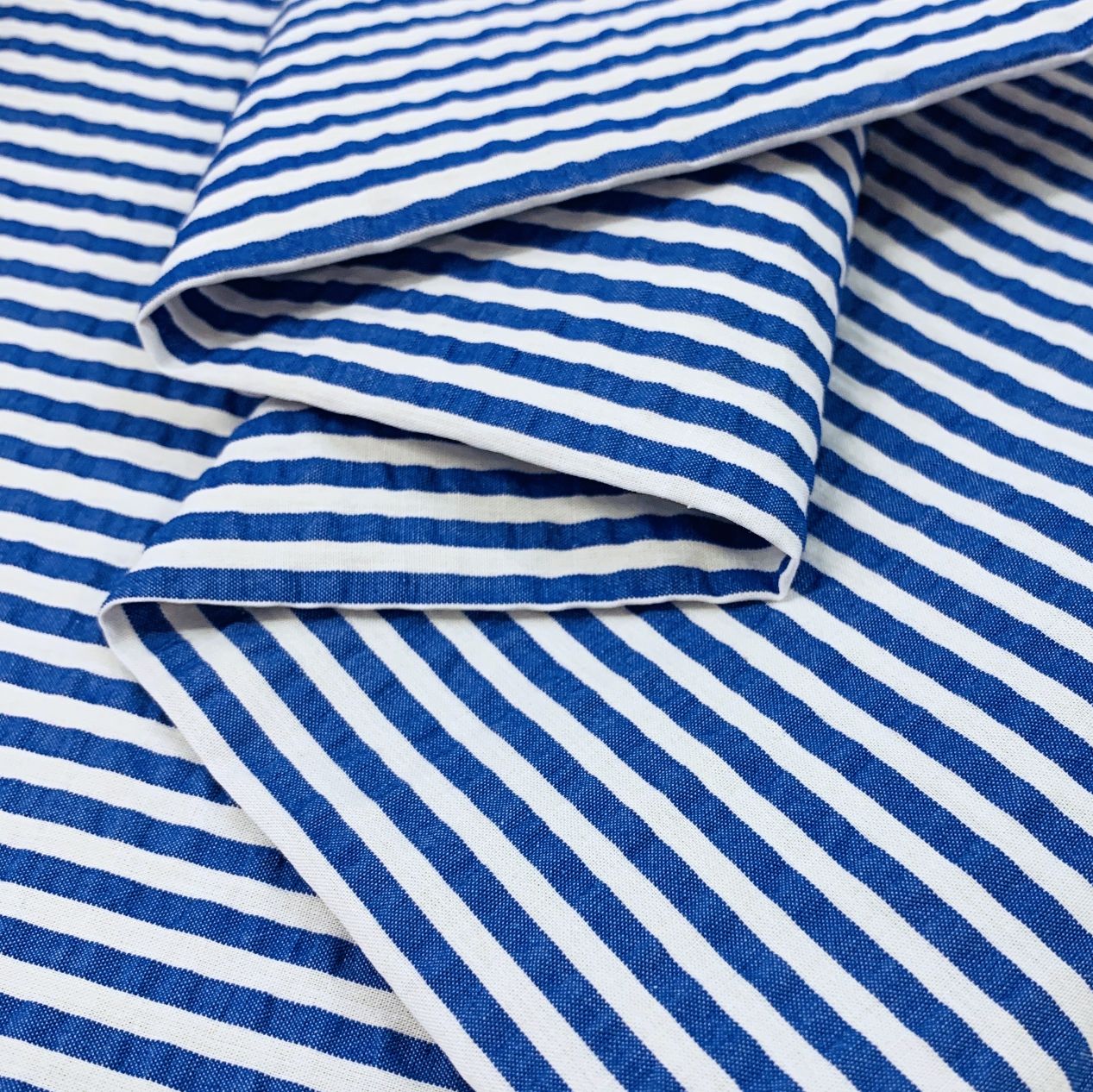 Striped Royal Blue White Cotton Seersucker Cotton Fabric - Henley