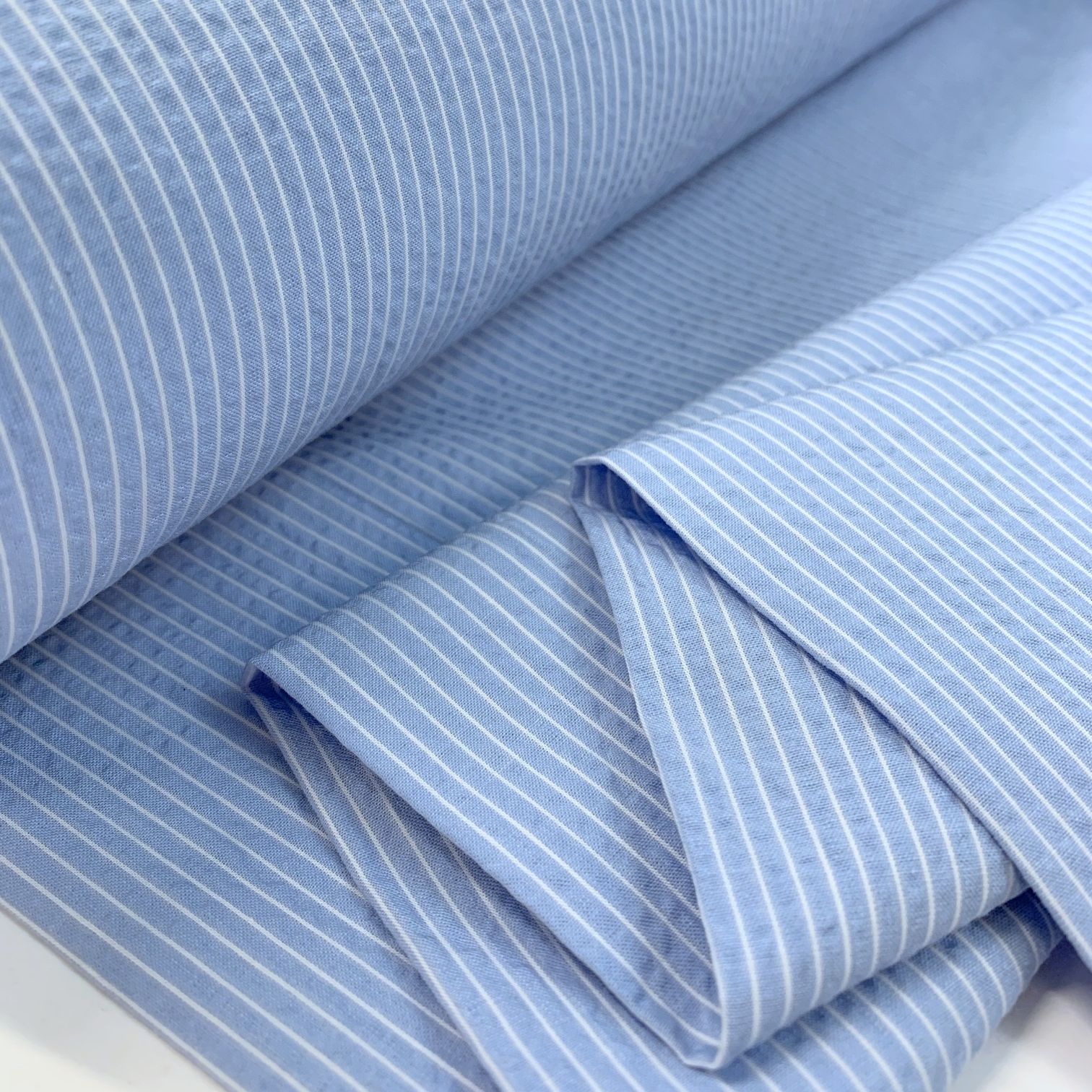 Blue Pinstripe Cotton Seersucker Fabric - Pinstripe