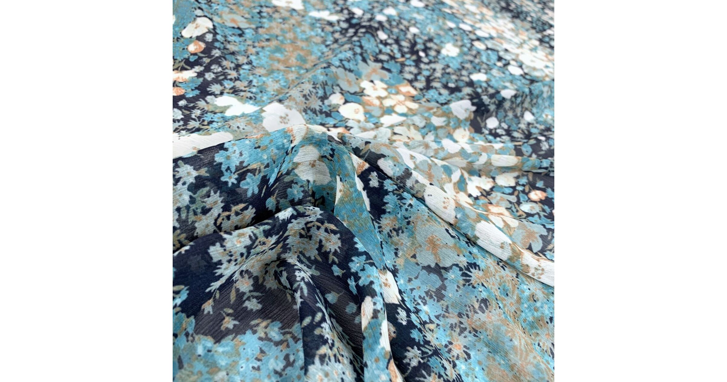 Teal Navy White Floral Crinkle Polyester Chiffon Dress Fabric