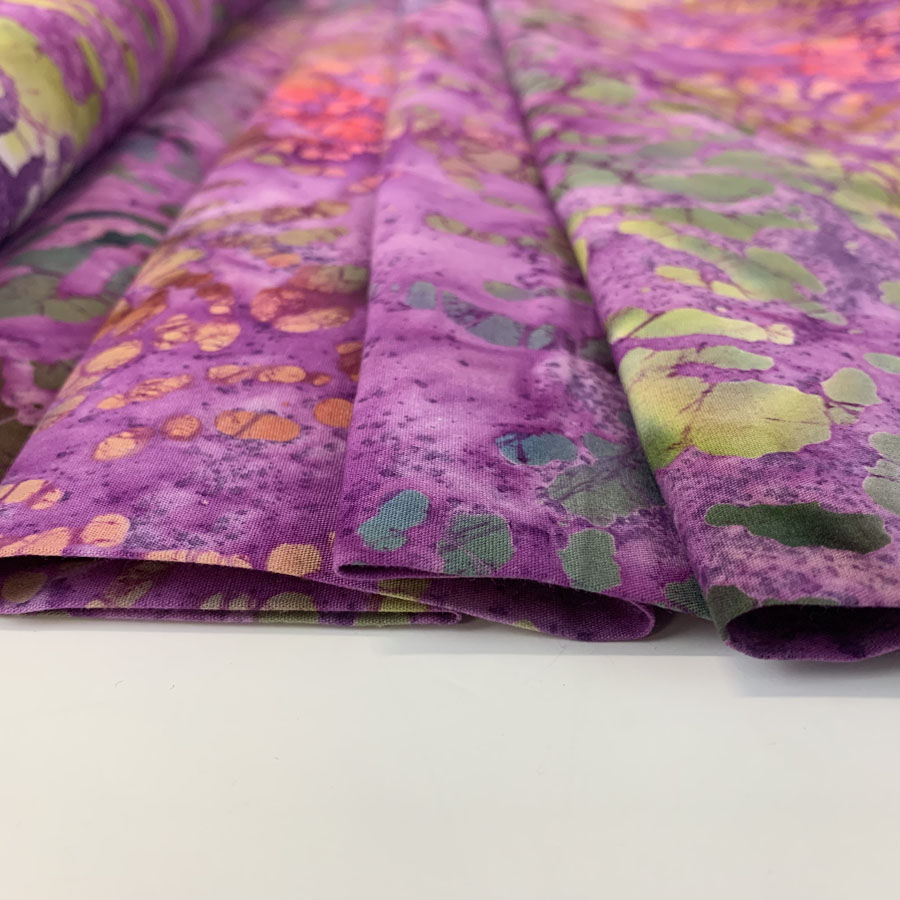 SINGER Fabric, 100% Cotton Print Batik, 3 Yards Cut, Pink and Purple Leaves