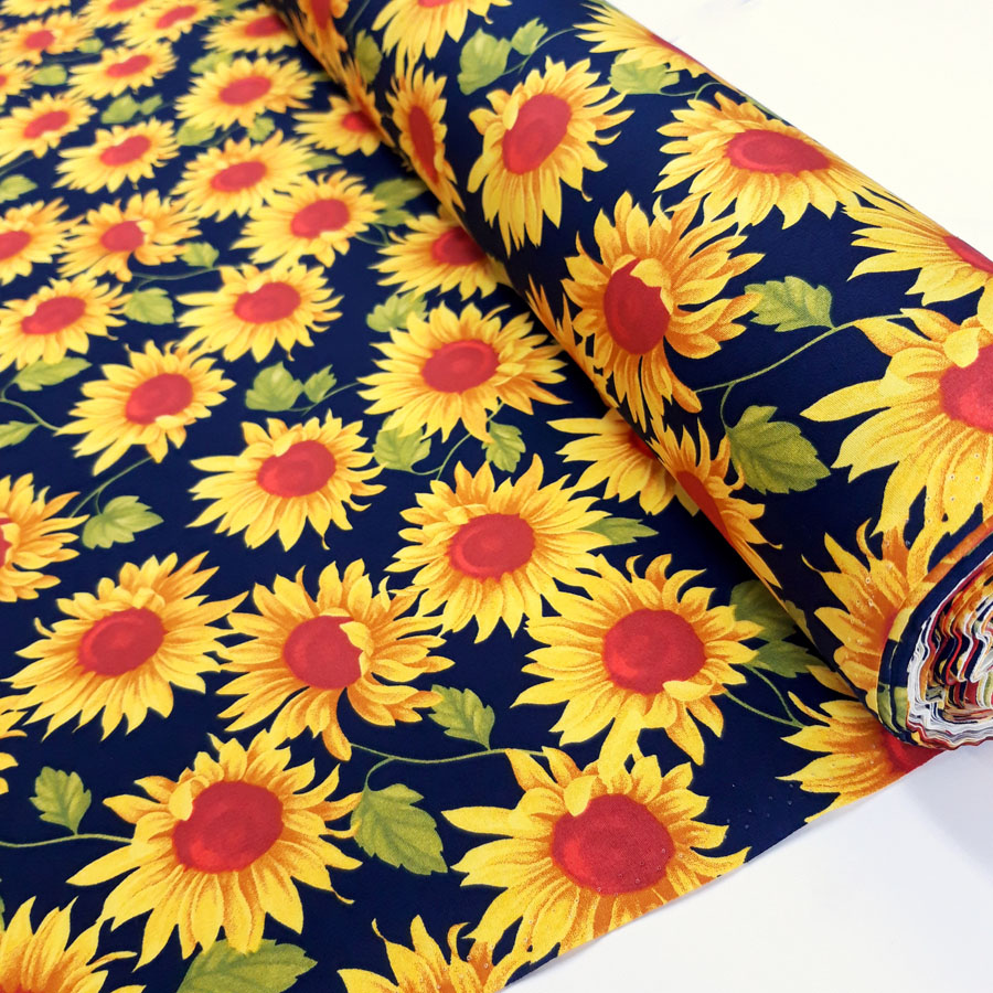 Poplin Print - Sunflowers - Navy