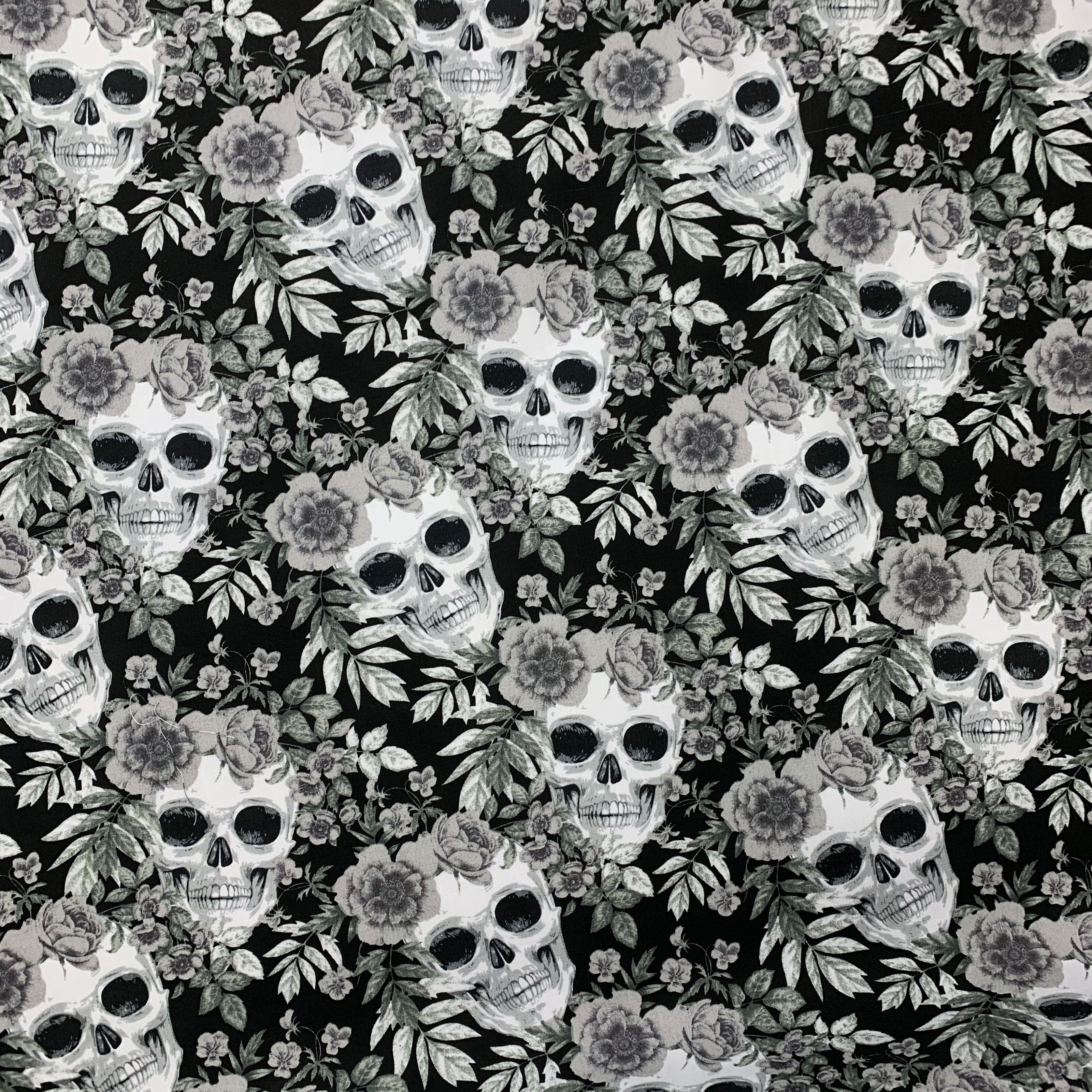 Cotton Poplin Dress Fabric  Poplin Print - Floral Skulls - Black