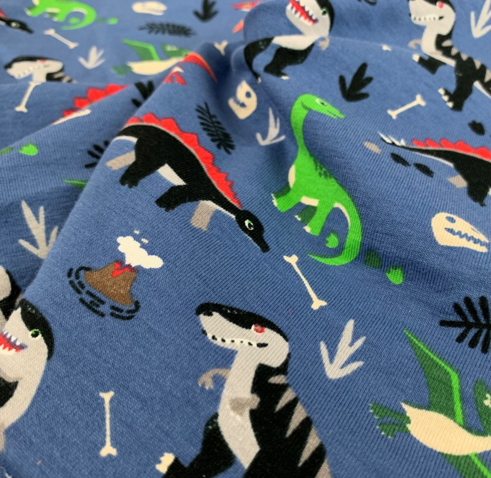 Soft Printed Cotton Jersey Fabric Premier Dinosaurs Blue